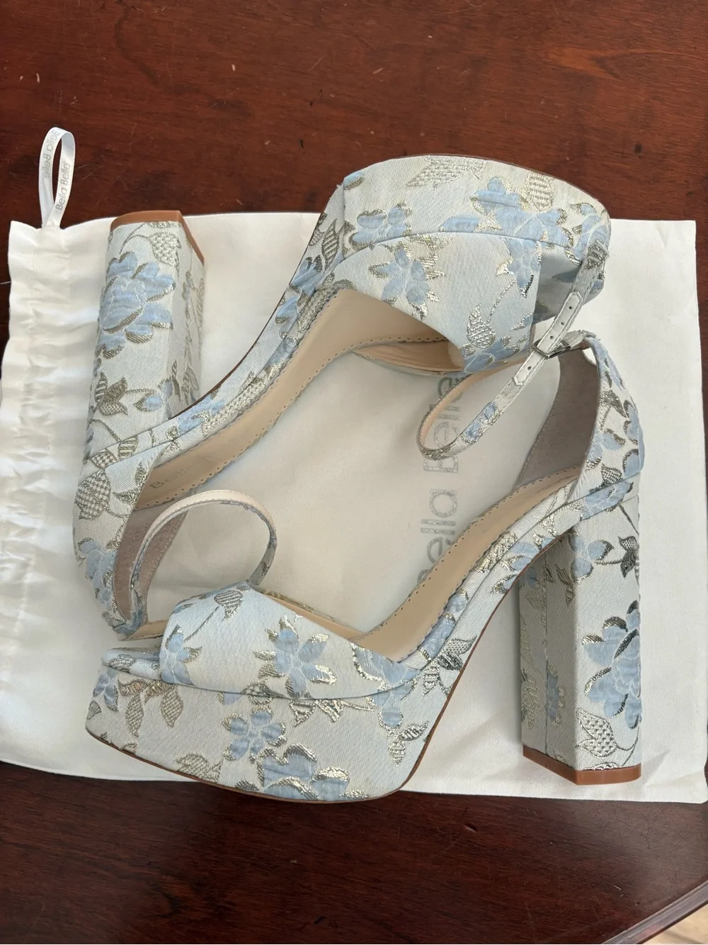 Bella Belle “Catarina” Powder Blue Floral Platform Sandals with Ankle Strap